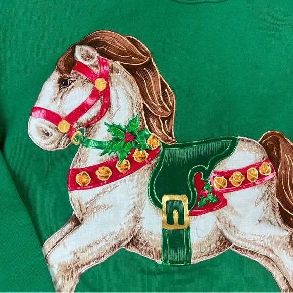 Tultex Green XL Rocking Horse Ugly Christmas Holiday Sweater Sweatshirt - Picture 2 of 15